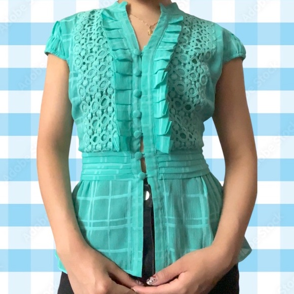 Turquoise Lace Ruffle Blouse - Picture 2 of 4